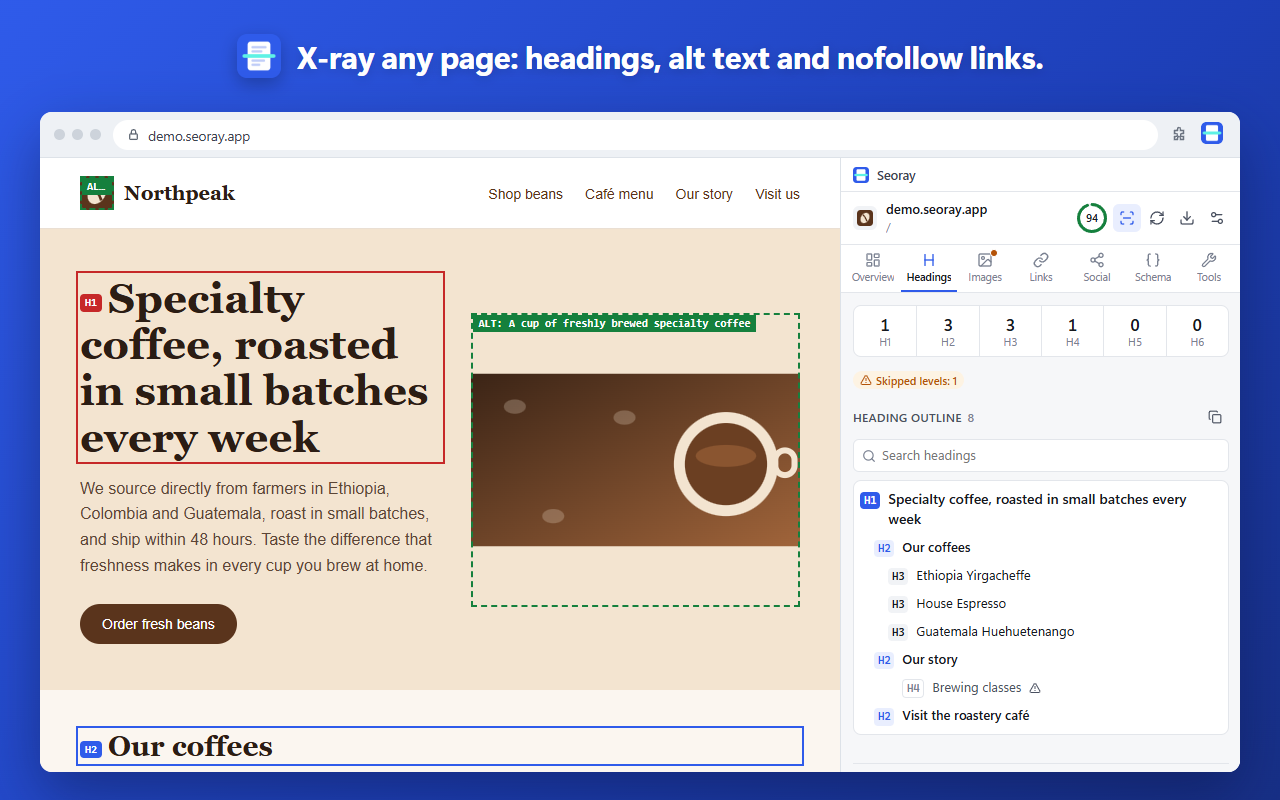 X-ray mode: headings, alt text and nofollow links marked on the page.