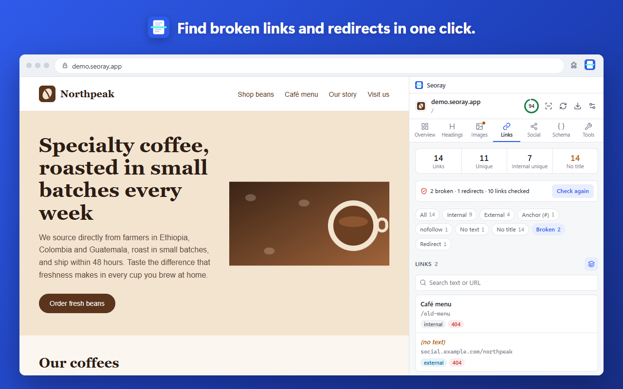 Find broken links and redirects in one click.