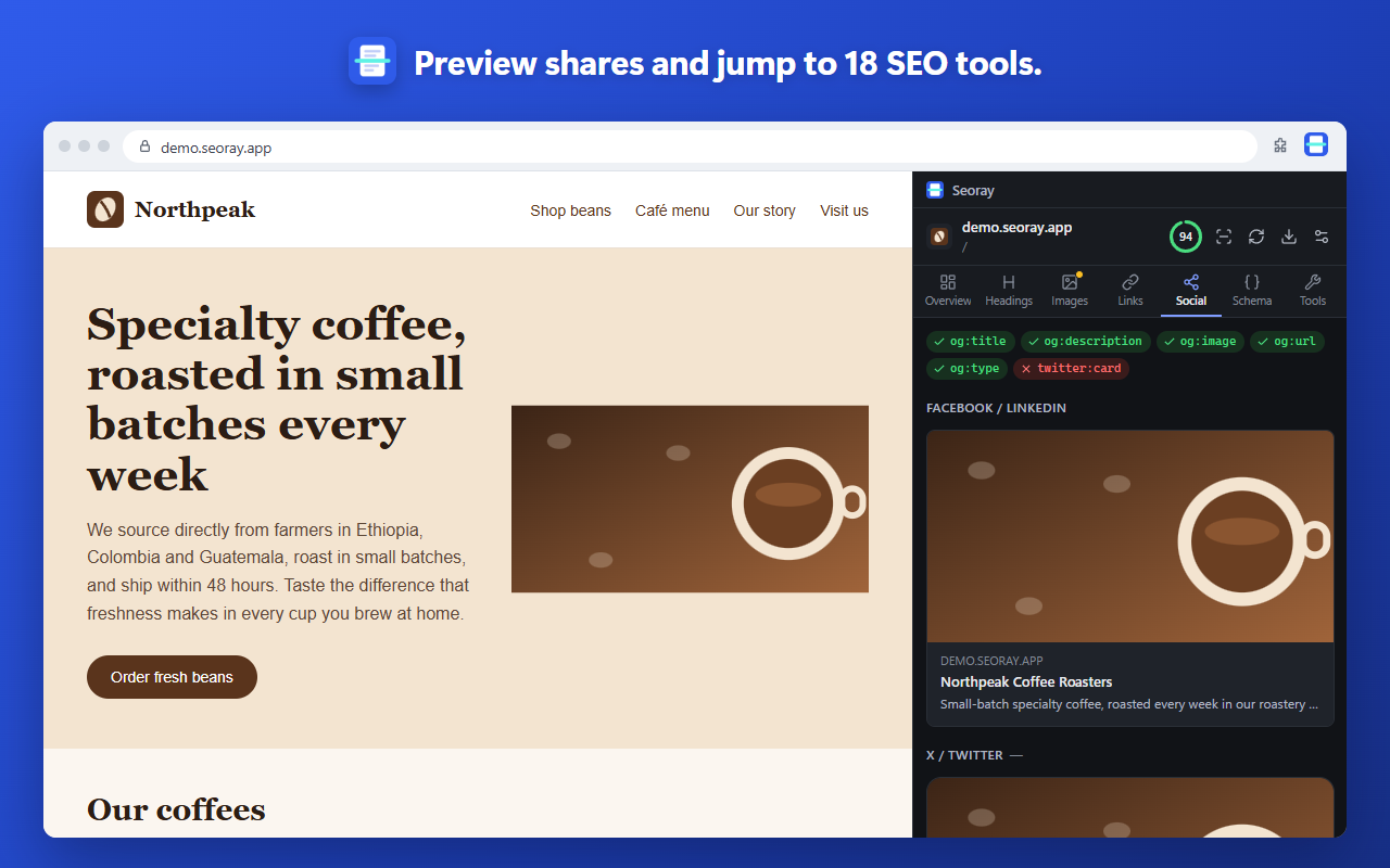 Preview shares and jump to 18 SEO tools.