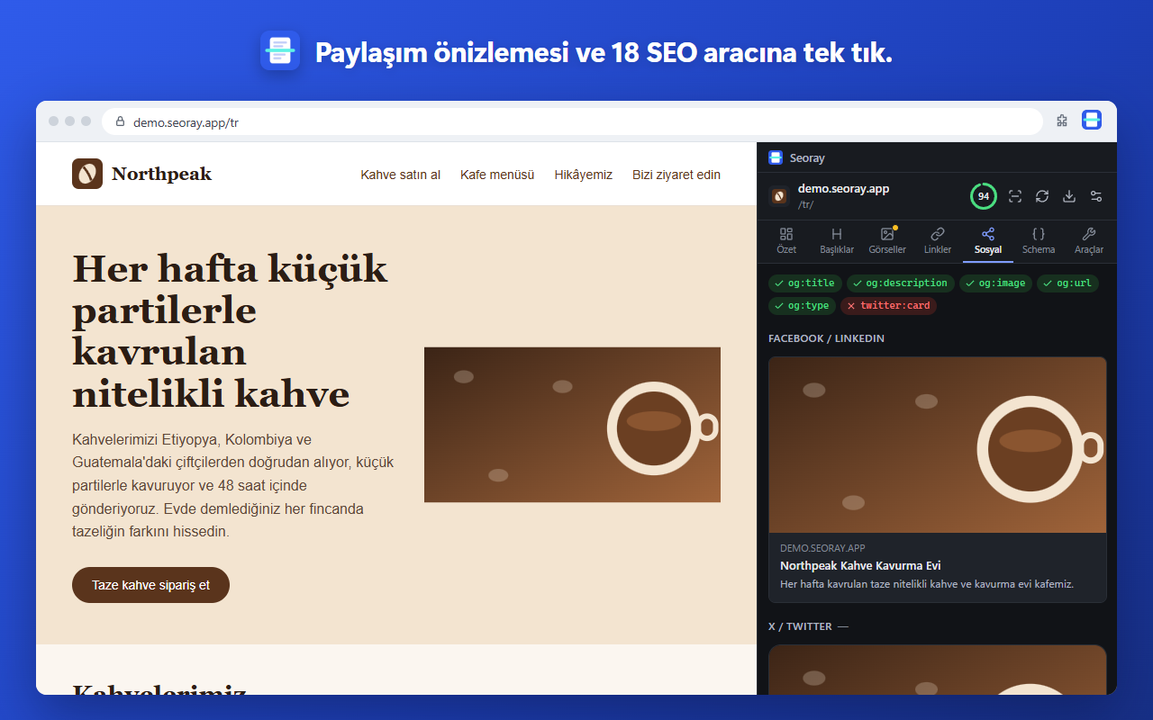 Paylaşım önizlemesi ve 18 SEO aracına tek tık.